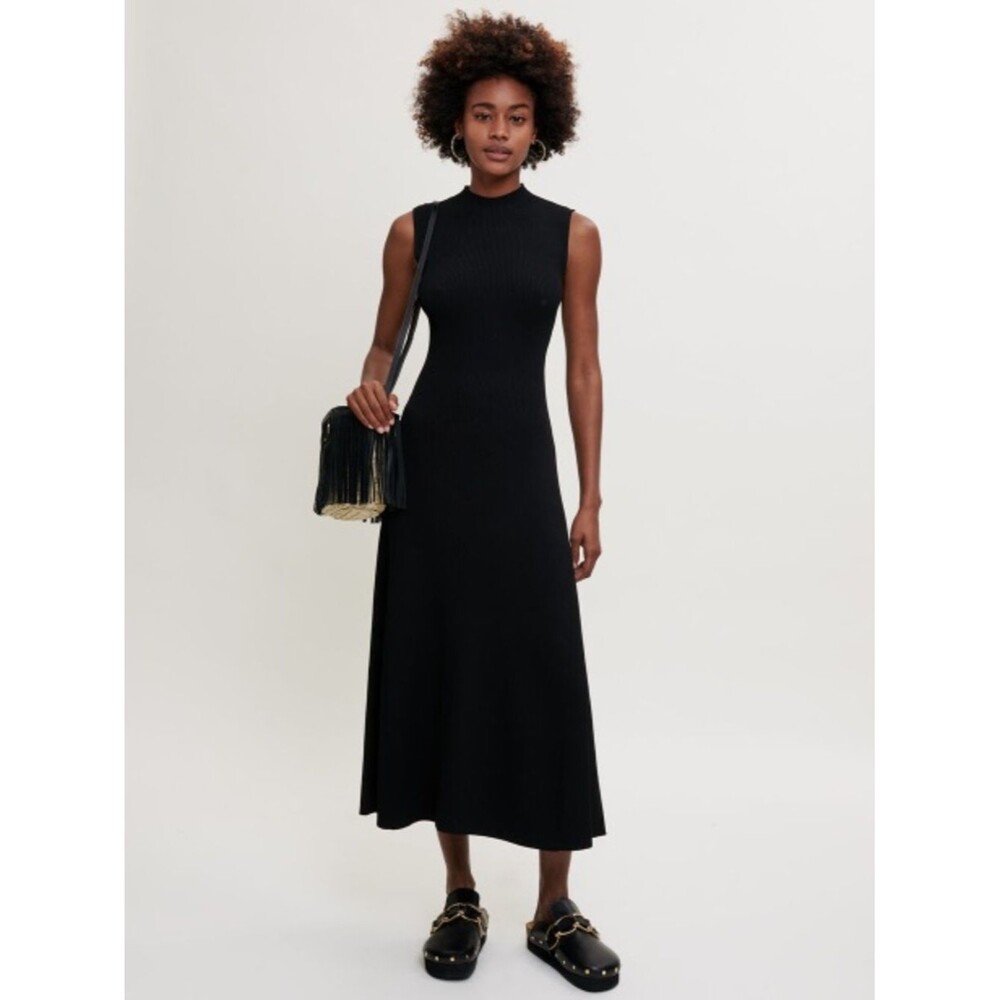 Maje Sleeveless Black Ribbed Cutout Long Dress OS Contemporary Minimal Chic
